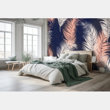 Wall mural navy and blush feather pattern • Wallissimo®