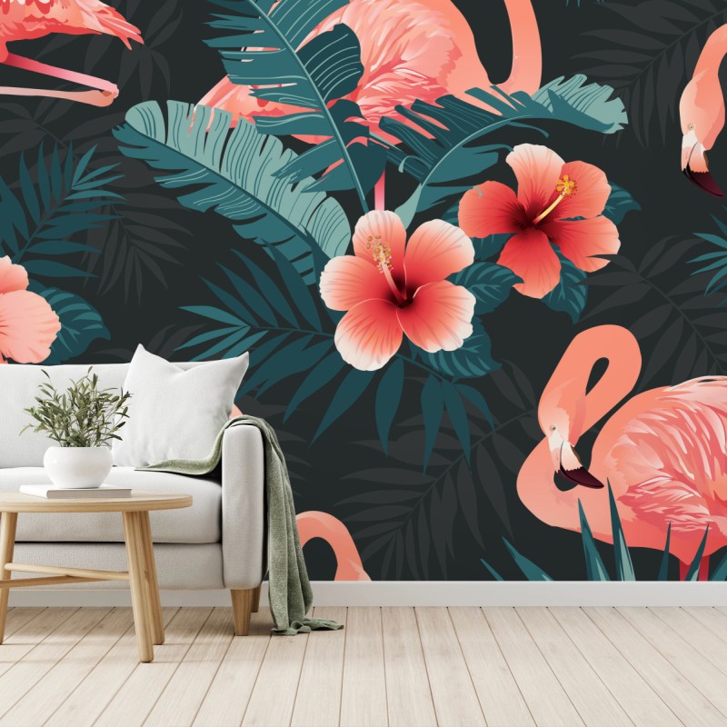 Wall mural tropical pink flamingo pattern