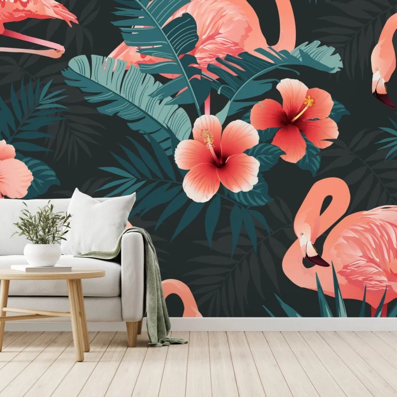 Wall mural tropical pink flamingo pattern