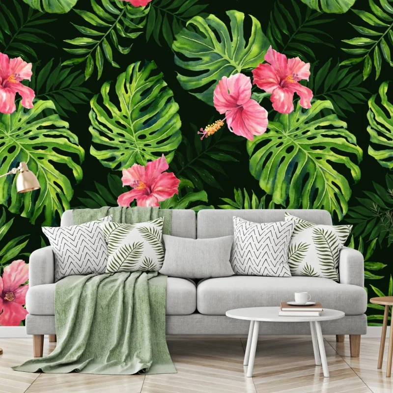Wall mural tropical monstera and hibiscus botanical pattern