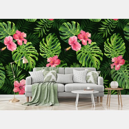 Wall mural tropical monstera and hibiscus botanical pattern • Wallissimo®