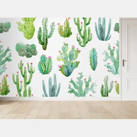 Wall mural watercolor cactus garden pattern • Wallissimo®