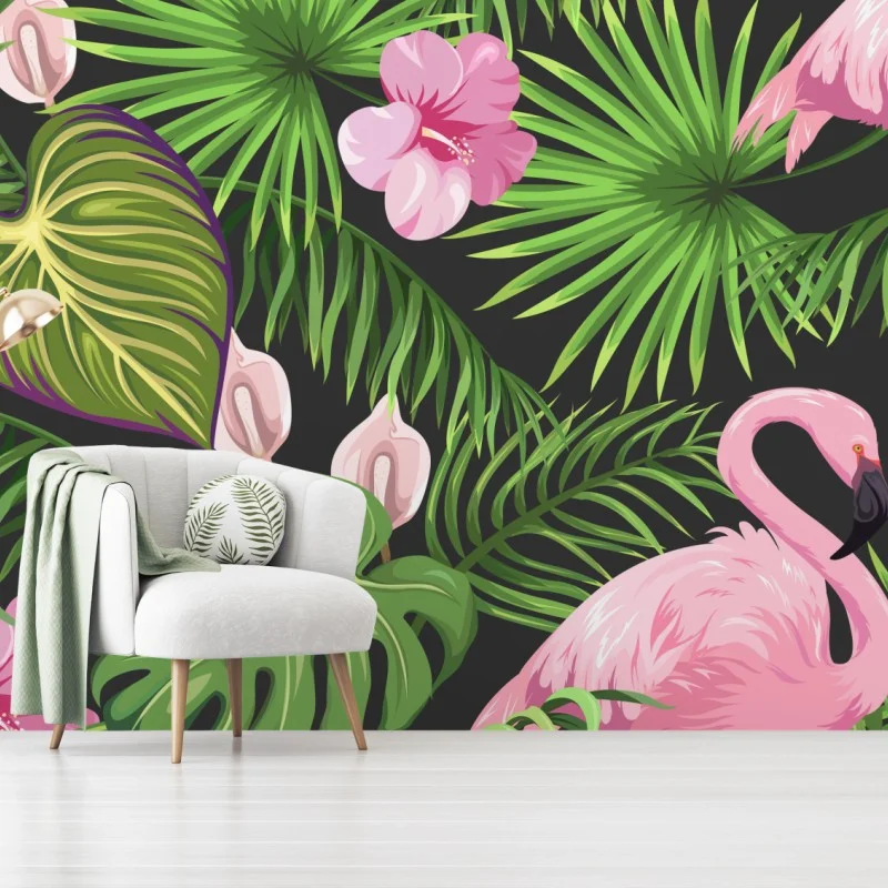 Wall mural pink flamingo tropical pattern