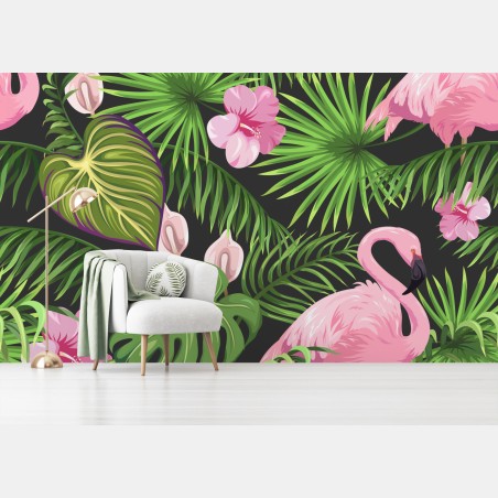 Wall mural pink flamingo tropical pattern • Wallissimo®
