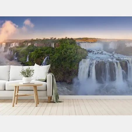 Wall mural misty waterfall panorama in lush forest • Wallissimo®