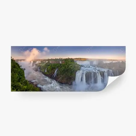 Wall mural misty waterfall panorama in lush forest • Wallissimo®