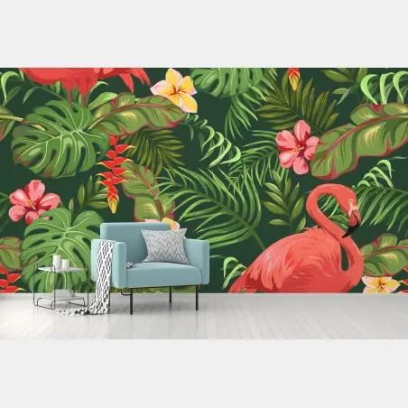 Wall mural tropical flamingo botanical print • Wallissimo®