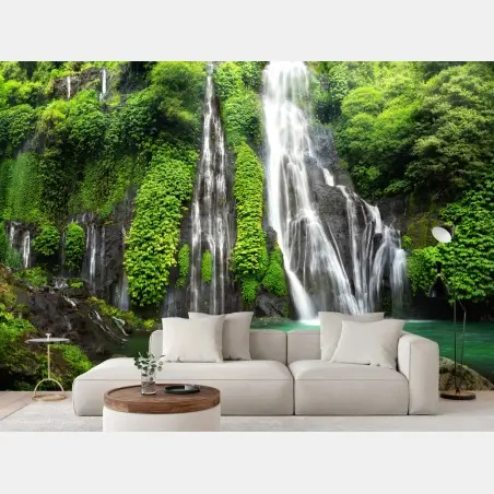 Wall mural serene waterfall in emerald forest • Wallissimo®