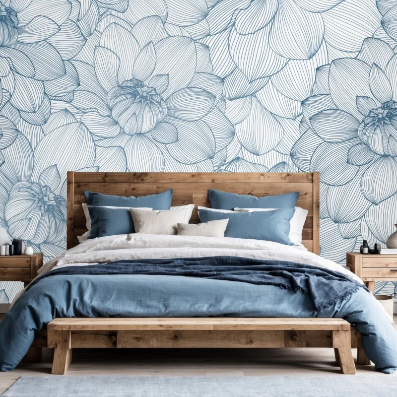 Wall mural delicate blue floral linework