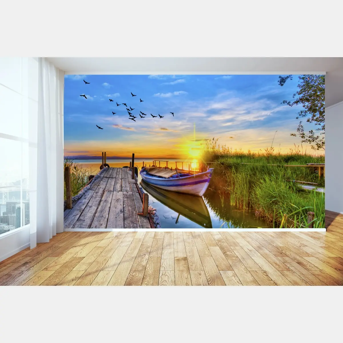 Wall mural sunset boat at tranquil lake pier • Wallissimo®