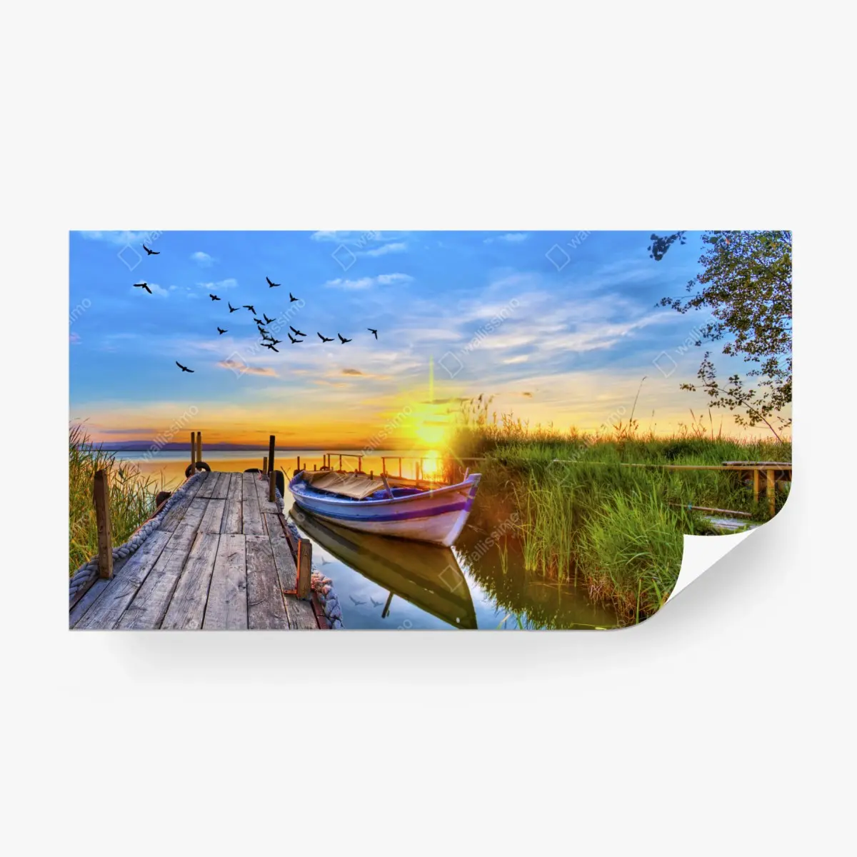 Wall mural sunset boat at tranquil lake pier • Wallissimo®