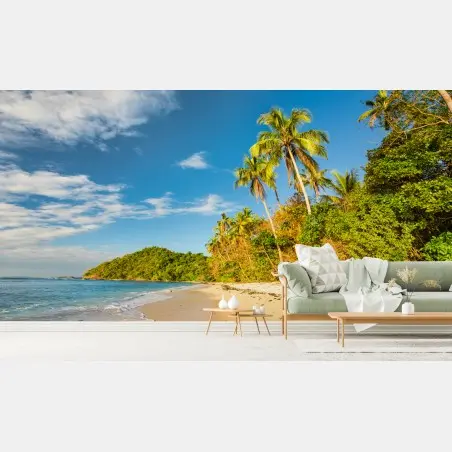 Wall mural golden tropical beach at sunset • Wallissimo®
