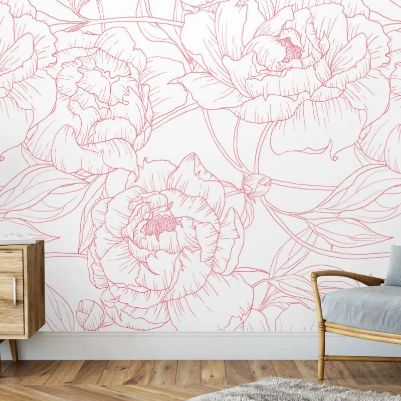 Wall mural delicate pink peony line art pattern