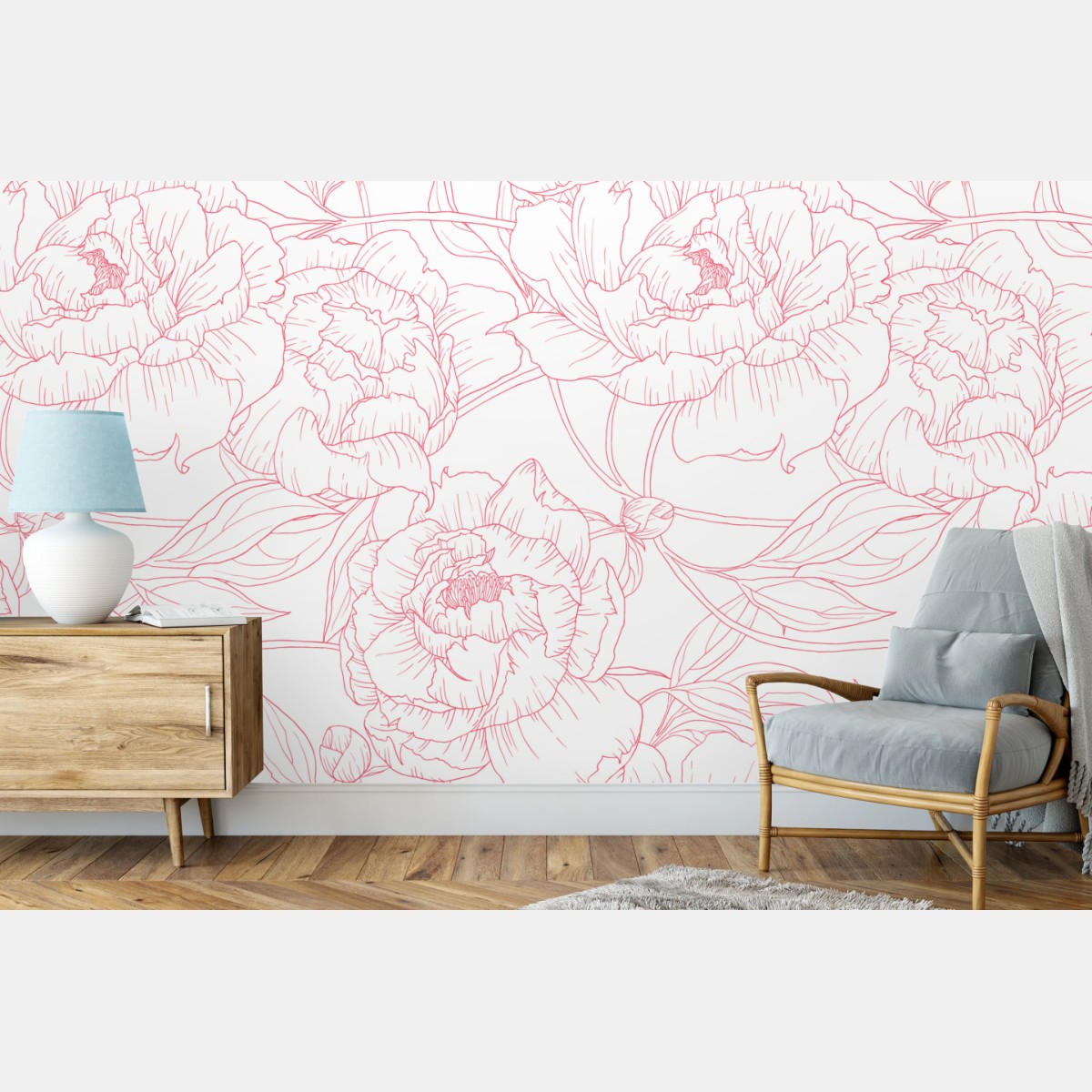 Wall mural delicate pink peony line art pattern • Wallissimo®