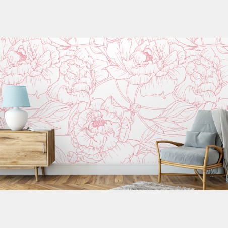 Wall mural delicate pink peony line art pattern • Wallissimo®