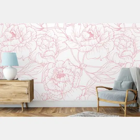 Wall mural delicate pink peony line art pattern • Wallissimo®