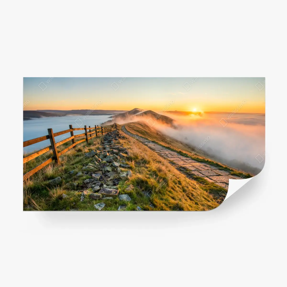 Wall mural sunrise over a misty ridge with a stone path • Wallissimo®