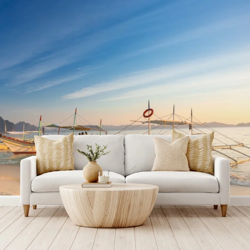 Wall mural tropical beach at sunset with boats