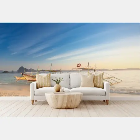 Wall mural tropical beach at sunset with boats • Wallissimo®