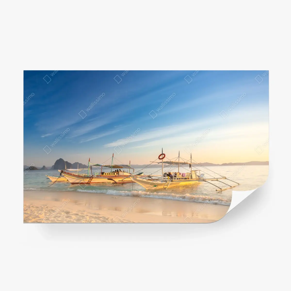 Wall mural tropical beach at sunset with boats ⁕ Wallissimo® Wall mural tropical beach at sunset with boats ⁕ Wallissimo®