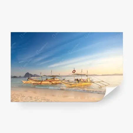Wall mural tropical beach at sunset with boats • Wallissimo®