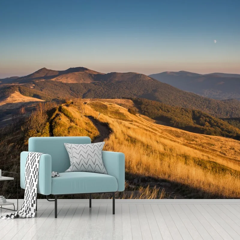 Wall mural golden mountain ridge at sunset