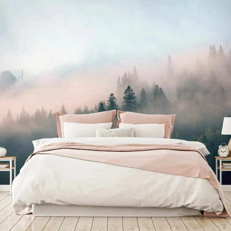 Wall mural misty morning forest landscape