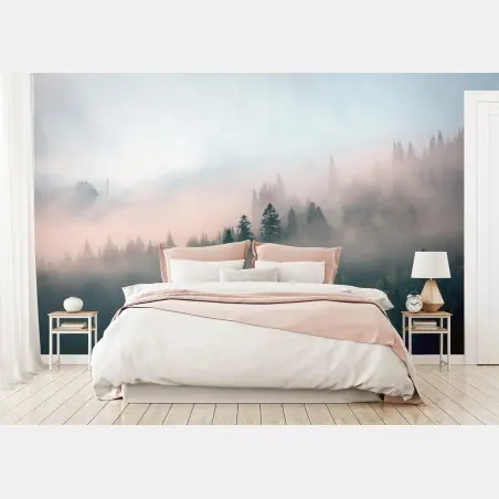 Wall mural misty morning forest landscape • Wallissimo®