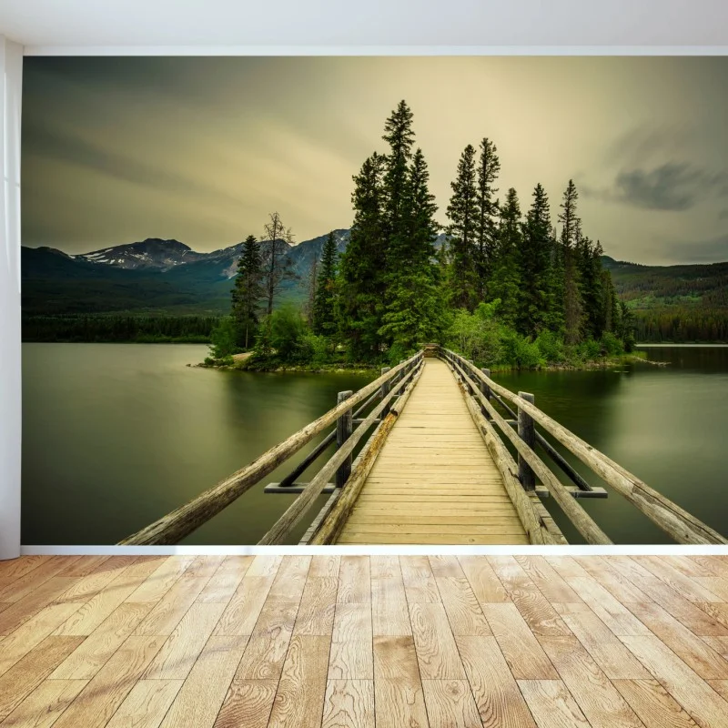 Wall mural evening walkway to Pyramid Island, Jasper National Park
