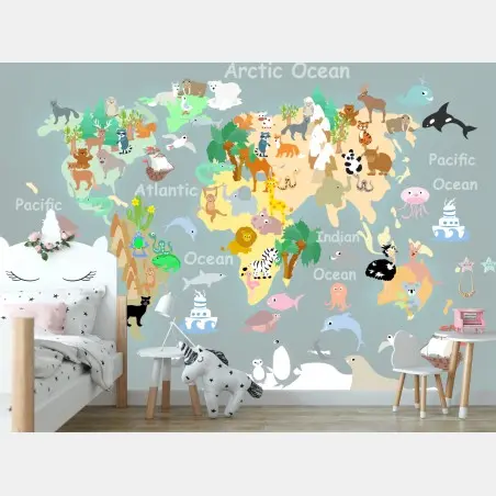 Wall mural world animals map • Wallissimo®