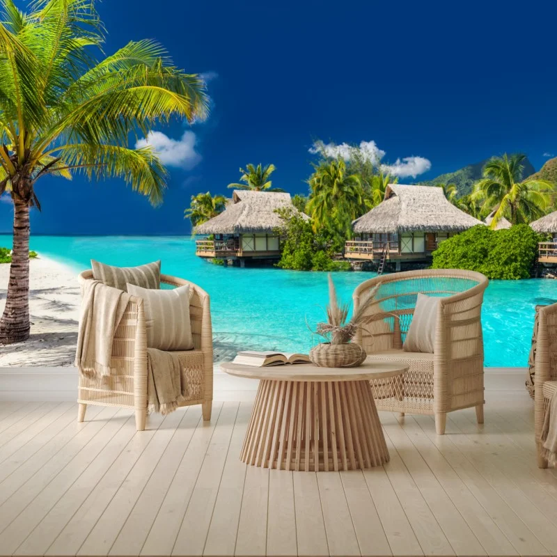 Wall mural tropical overwater bungalows on turquoise sea