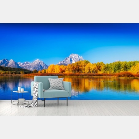 Wall mural autumn mountains and lake reflections • Wallissimo®