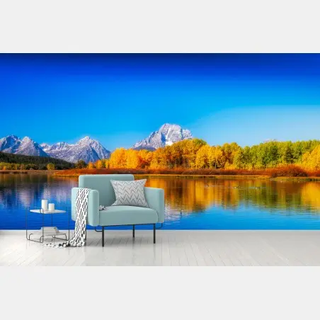 Wall mural autumn mountains and lake reflections • Wallissimo®