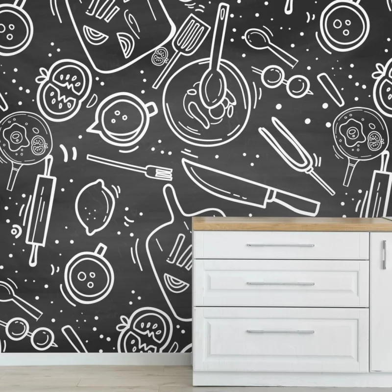 Wall mural kitchen chalkboard doodle pattern
