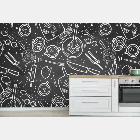 Wall mural kitchen chalkboard doodle pattern • Wallissimo®