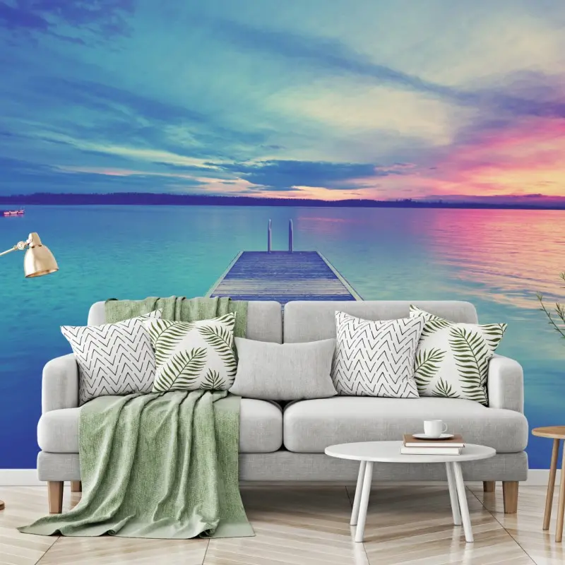 Wall mural pastel lake pier at sunset