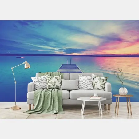 Wall mural pastel lake pier at sunset • Wallissimo®