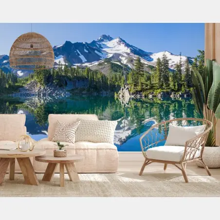 Wall mural serene alpine lake with mirrored mountains • Wallissimo®