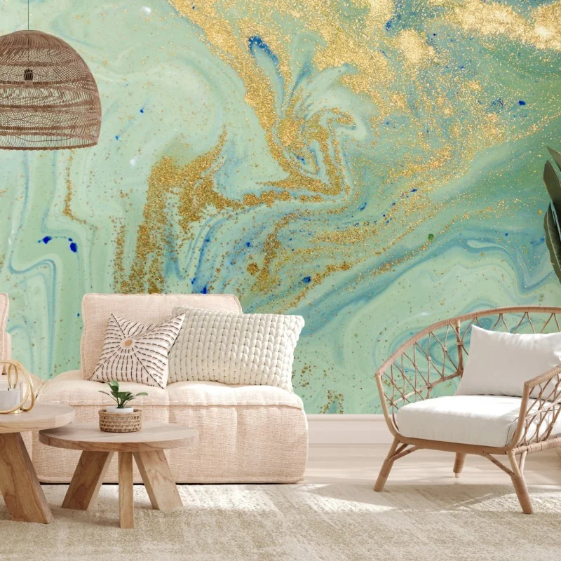 Wall mural turquoise marble with gold veins