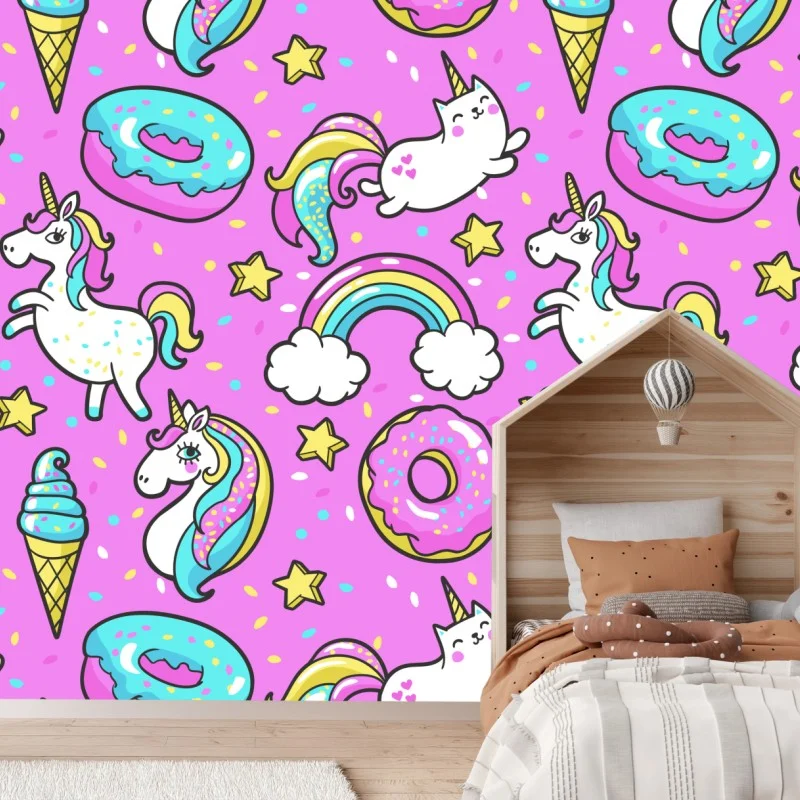 Wall mural pastel unicorns and sweets pattern
