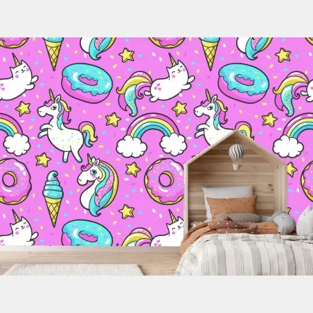 Wall mural pastel unicorns and sweets pattern • Wallissimo®