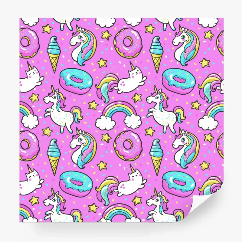 Wall mural pastel unicorns and sweets pattern