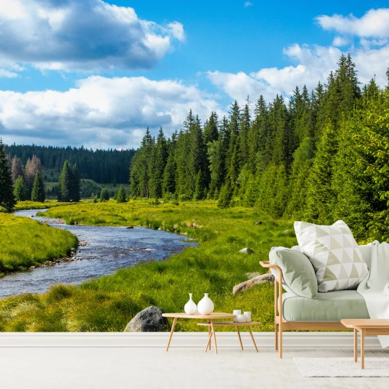 Wall mural serene riverside meadow