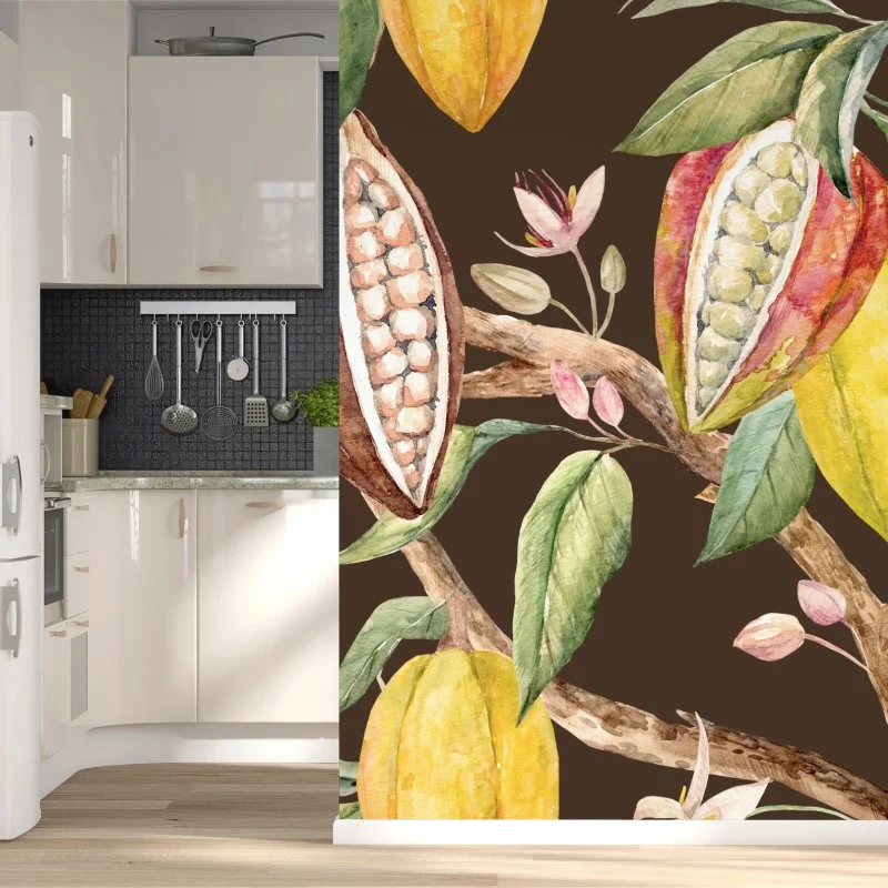 Wall mural watercolor cocoa pods botanical pattern