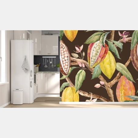 Wall mural watercolor cocoa pods botanical pattern • Wallissimo®