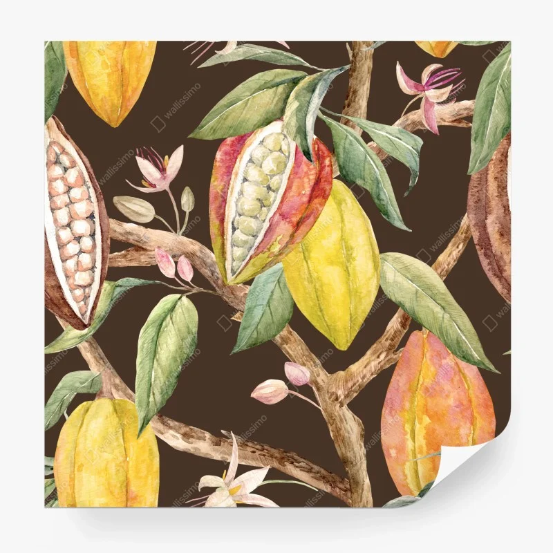 Wall mural watercolor cocoa pods botanical pattern
