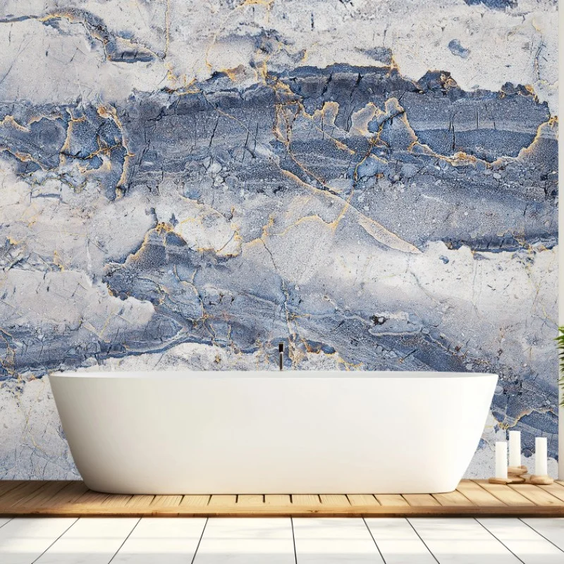 Wall mural blue marble texture with gold veins