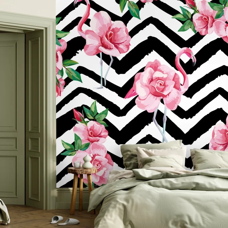 Wall mural tropical pink flamingo floral pattern