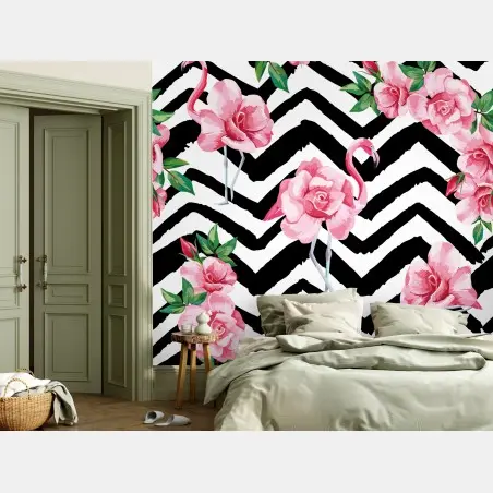 Wall mural tropical pink flamingo floral pattern • Wallissimo®