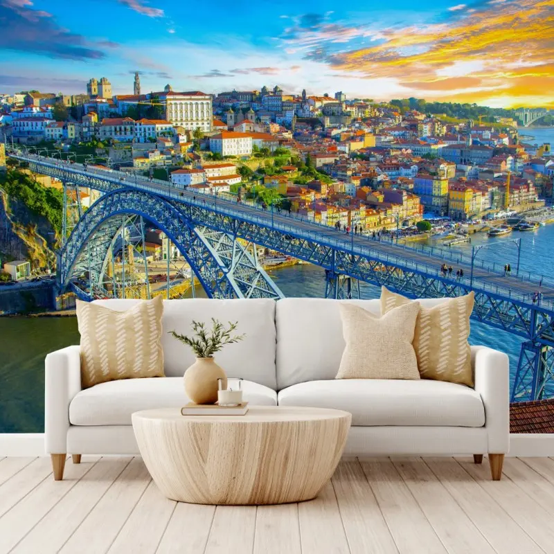 Wall mural sunlit Porto bridge cityscape at sunset